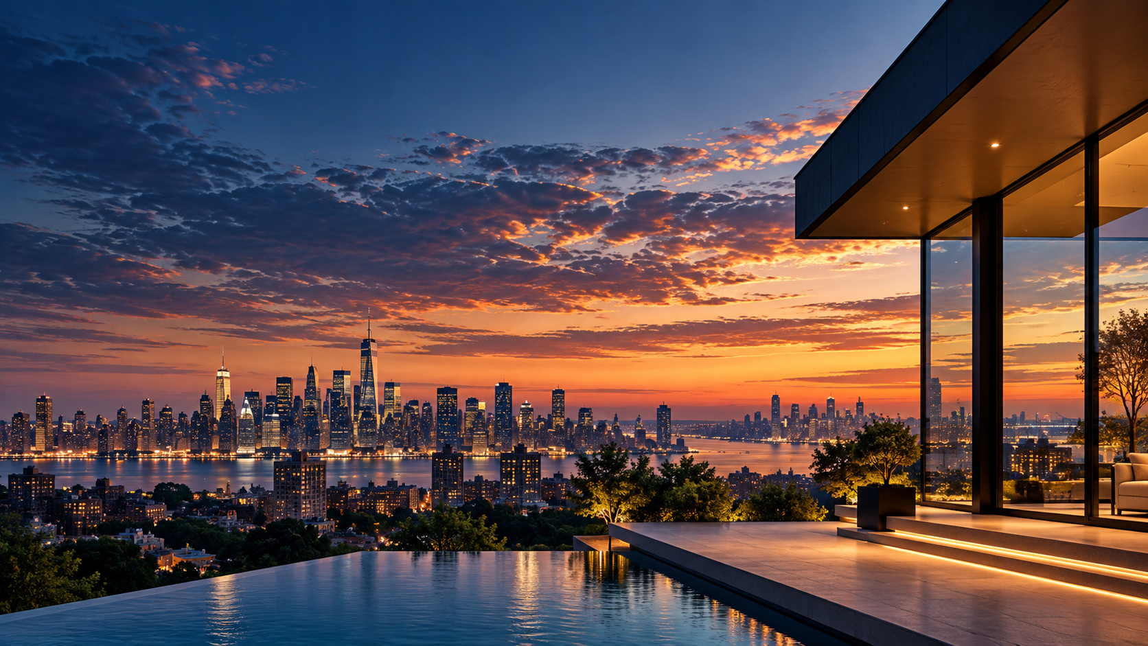 New York City skyline at sunset seen from a modern terrace