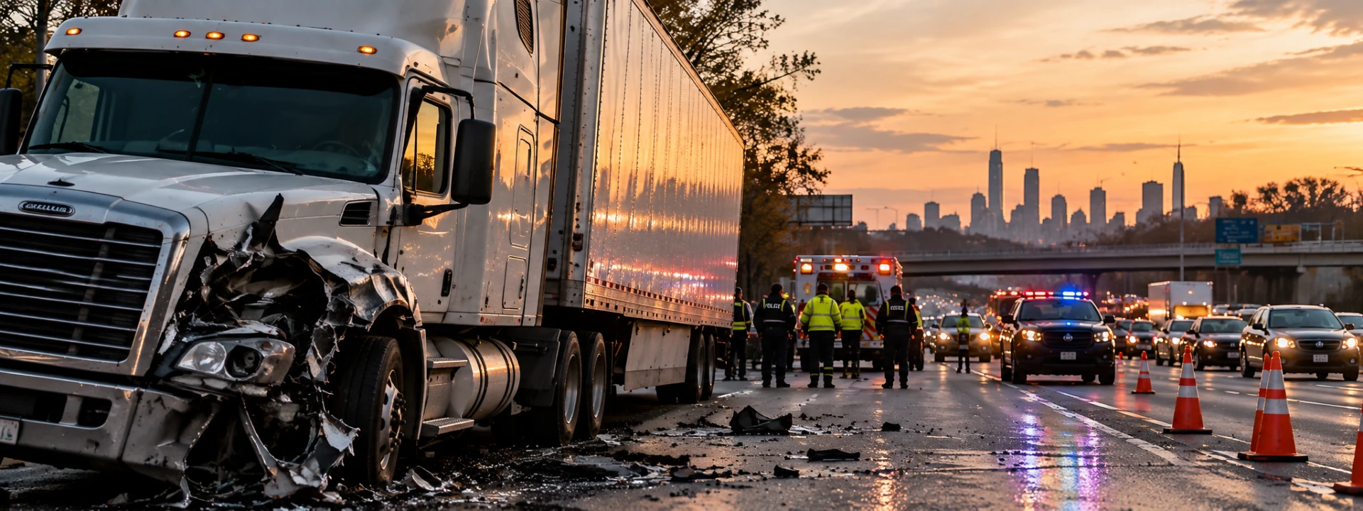 Damaged tractor-trailer on a wet highway at sunset with police lights