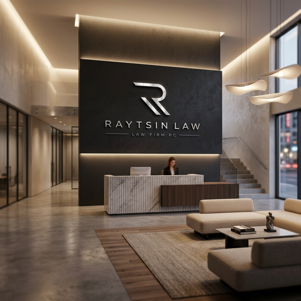 Raytsin Law Firm PC lobby with silver R logo mounted on navy wall