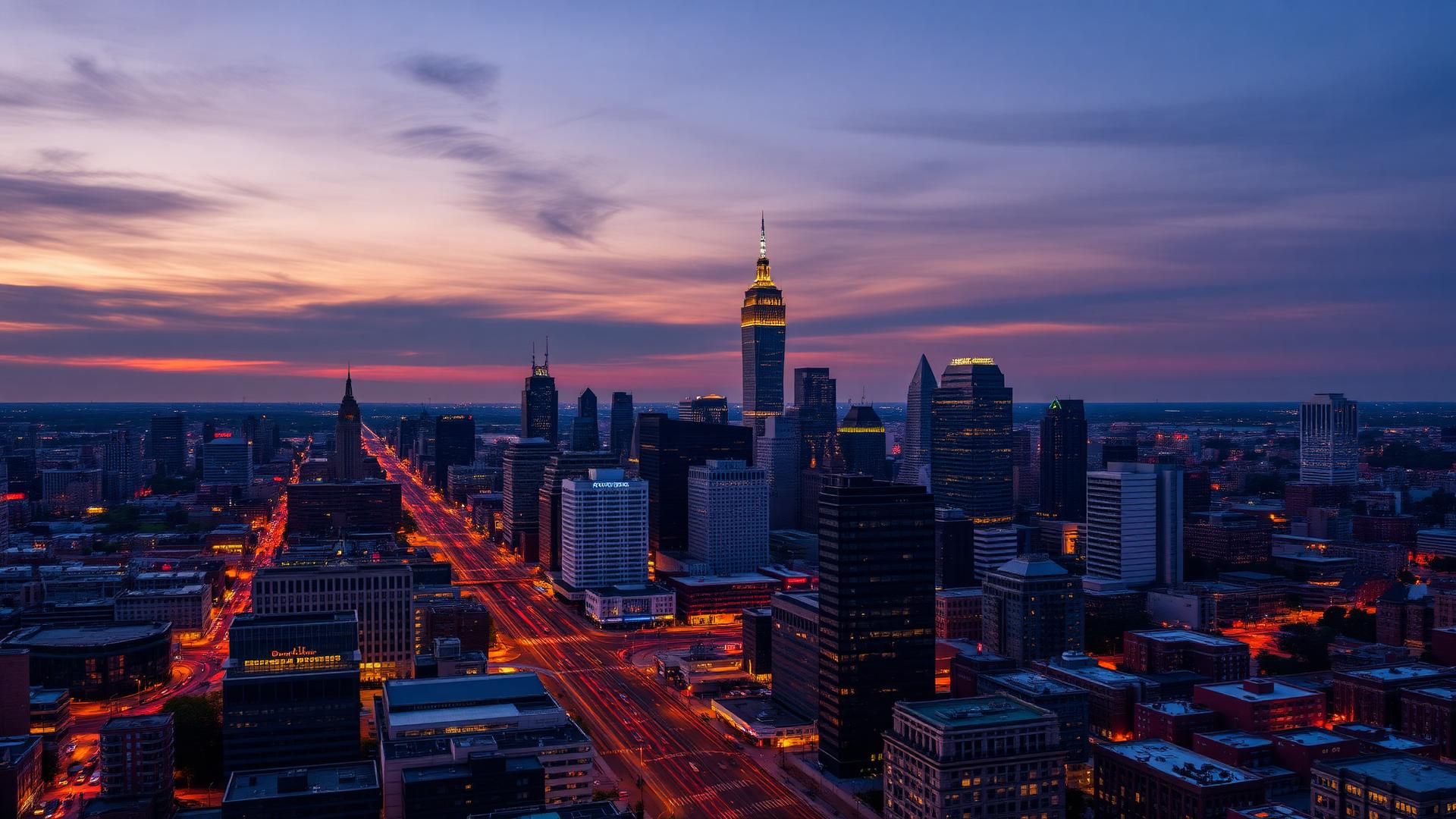 Downtown Newark, New Jersey skyline at dusk with traffic on the avenues below