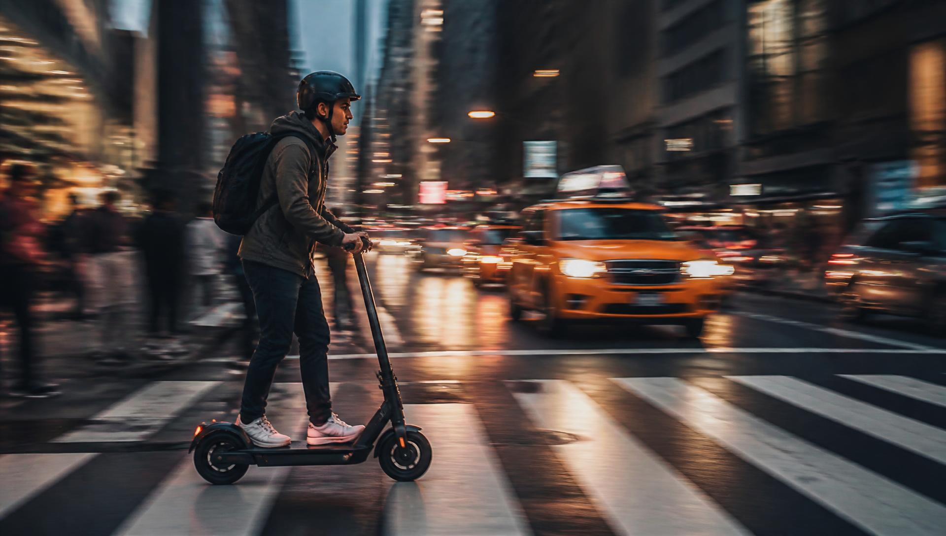 Electric scooter rider crossing a busy New York City street at dusk