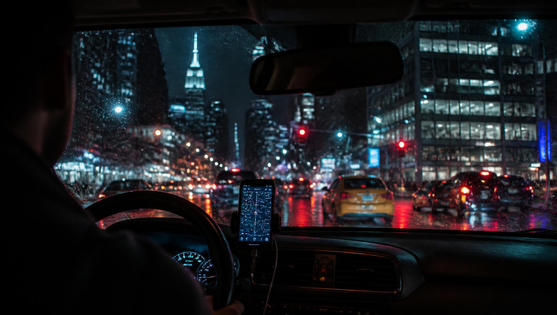 Rideshare driver navigating New York City traffic at night in the rain