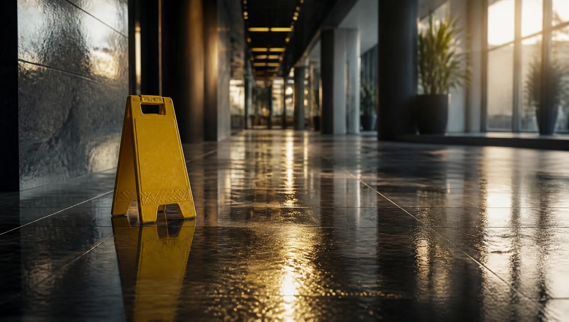 Wet, reflective lobby floor with a yellow caution sign