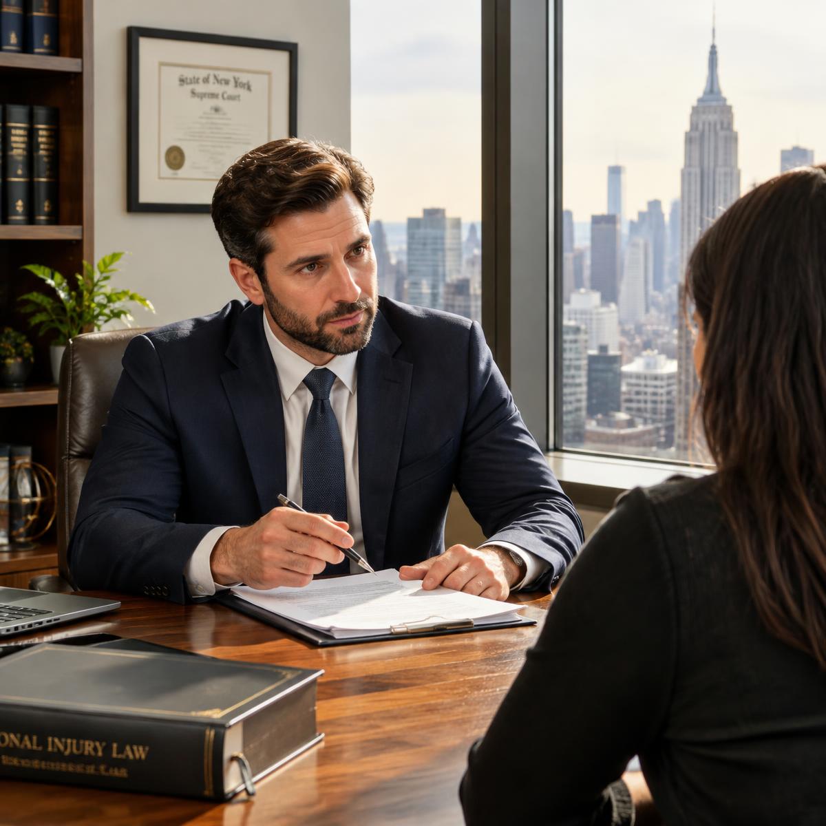 Attorney meeting with a client in an office overlooking the Manhattan skyline