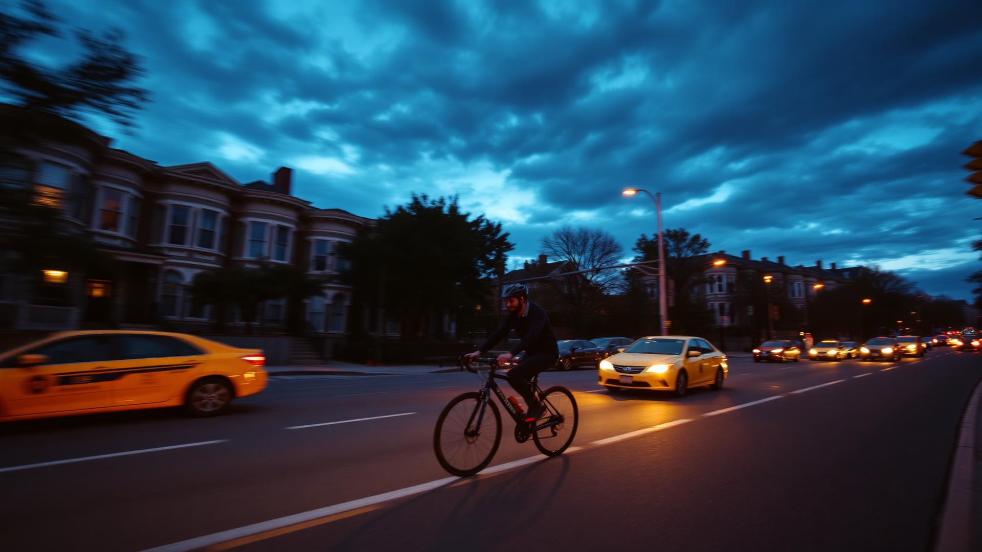 Cyclist riding through NYC street at dusk