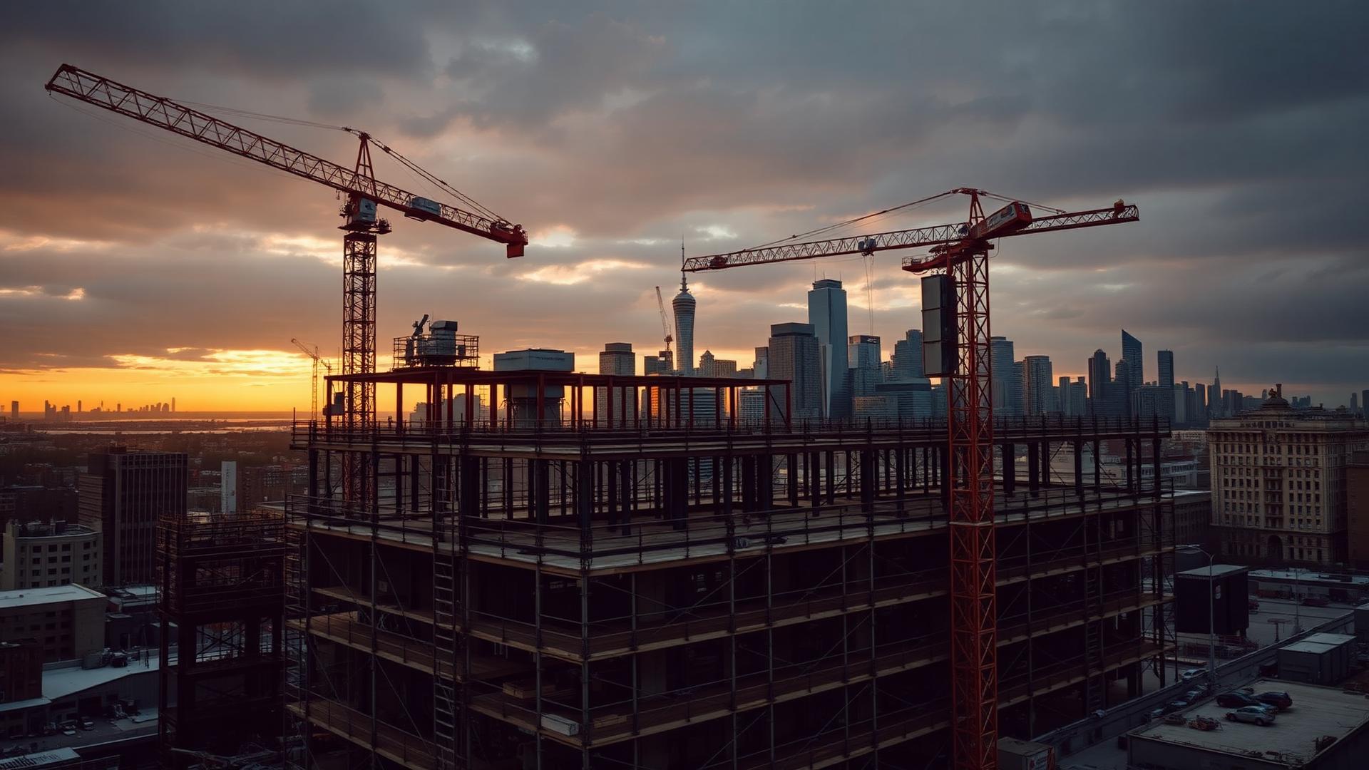 construction site with cranes and scaffolding at sunset