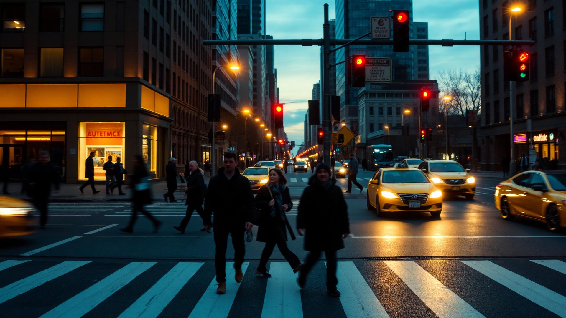NYC crosswalk at dusk with pedestrians and yellow taxis